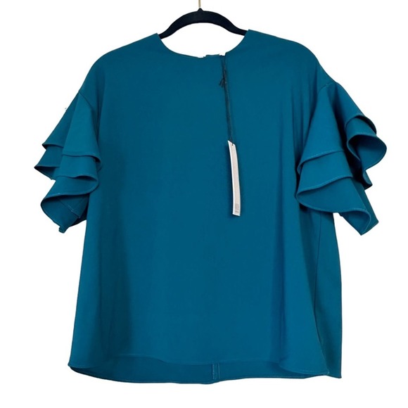 NSR NORDSTROM Top Womens XS Ruffled Sleeve Stretchy Blouse Teal Blue NWT USA - Picture 1 of 8